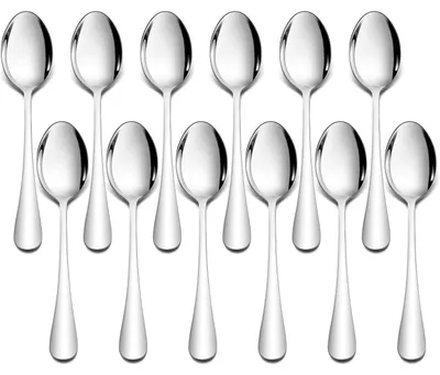 Immagine prodotto di Set di cucchiai da dessert, 12 pezzi, acciaio inossidabile, 20 cm, manico curvo, lavabili in lavastoviglie, colore argento