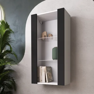 Produktbild von Komodee, Hängende Vitrine Schrank Tivoli, Schwarz/Weiß, Breite 50cm x Höhe 100cm 50cm x Tiefe 29cm, 2 Regalböden, für Wohnzimmer, Schlafzimmer, Eingang