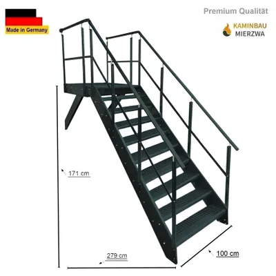Produktbild von Podesttreppe Wangen- Stahltreppe 9 Stufen Höhe 171 cm inklusive Podest 100x100cm mit Geländer Anthrazit Ausrichtung Treppe Vorne (Front) Aussentreppe