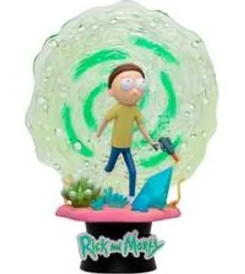 A figurine of Morty from Rick and Morty standing in front of a portal.