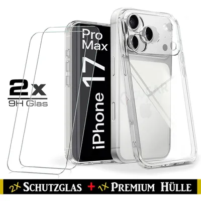 Produktbild von Für iPhone 17 Pro Max - Transparent Silikon Handy Schutz Hülle + 2 Stück Panzerglas 9H , HD Schutzglas