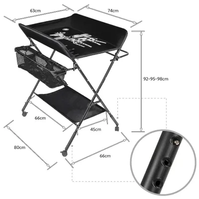 Image de Table à langer pour bébé - Table à langer sur roulettes - Pliable - Réglable en hauteur - Structure métallique - Panier de rangement - Ceinture de sécurité - 4 roulettes avec frein - Noir