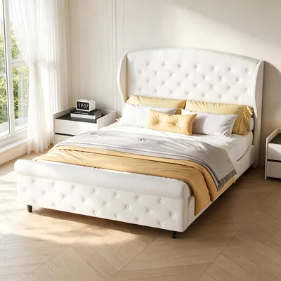 Productafbeelding van INONEFT Gestoffeerd tweepersoonsbed 140x200 cm, Boxspringbed, Bedframe met lattenbodem, Jugendbed, Elegant gestoffeerd bed met hoofdeinde, fluweel, beige