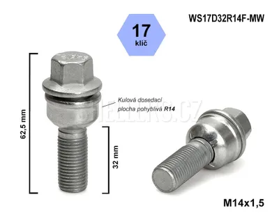 Obrázok produktu pre Skrutka kolesa M14x1,5x32 guľa R14 pohyblivá, kľúč 17, WS17D32R14F-MW, výška 62,5 mm