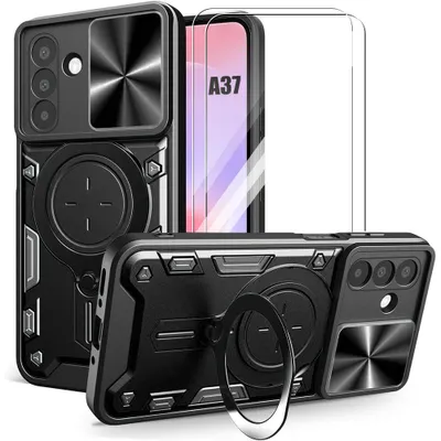 Image de Coque + 2 Verres Trempés pour Samsung Galaxy A37 5G, avec Anneau et Protection Caméra - Noir