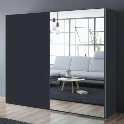 Produktbild von Krudox PRV Kleiderschrank Schiebetür Schwarz 250 cm mit Spiegel 3 Kleiderstangen Schlafzimmer Schrank