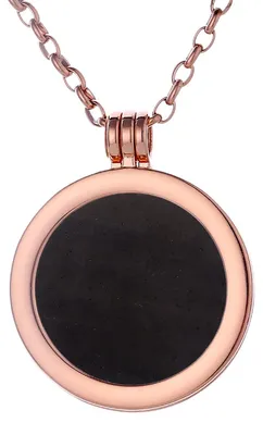 Image de Collier pour femme Morella, 70 cm, en acier inoxydable doré rose, avec pendentif en obsidienne noire de 33 mm en forme de pièce de monnaie, représentant les chakras, livré dans une pochette à bijoux