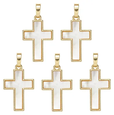 5 Kreuzanhänger, Messing, gold, mit weißer Muschel, DIY