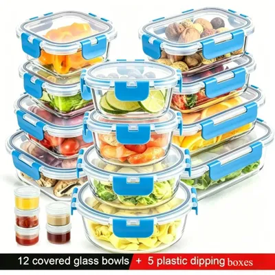 Produktbild von Glas Frischhaltedosen - Vorratsdosen und Lunchbox Set 12-teilig - 5 Saucenbehälter - Auslaufsicher - Mikrowellen- und spülmaschinengeeignet - Blau