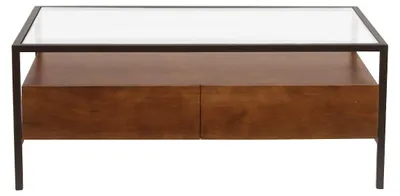 Produktbild von Miliboo - Rechteckiger Couchtisch mit Ablagen aus dunklem massivem Mangoholz, Glas und schwarzem Metall L100 cm SITA