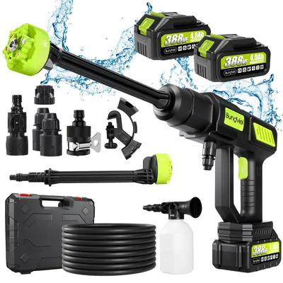 Produktbild von Akku Hochdruckreiniger, 100 Bar Tragbarer Hochdruckreiniger mit 2x4000mAh Akku,6-in-1 Multi-Sprühdüse 5M Schlauch für Auto,Terrasse,Garten, Zaun,Pool