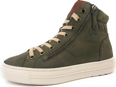 A single olive green high-top sneaker is shown against a white background.