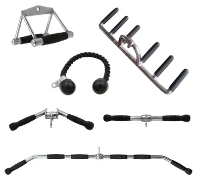 Obrázok produktu pre Sada oceľových fitness úchytov, 6-dielna, pogumované ergonomické úchyty, chrbtová tyč 120 cm, vhodná pre všetky stroje