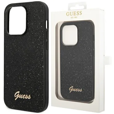 A black glitter script phone case is shown next to its packaging.
