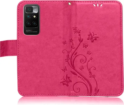 A pink flip case for a smartphone, decorated with a floral and butterfly pattern.