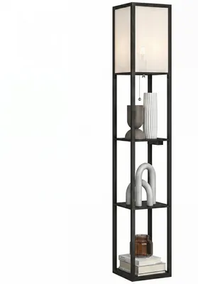 Zdjęcie produktu dla Lampa stojąca LED HOMCOM z półkami, włącznikiem i gniazdkami, czarna