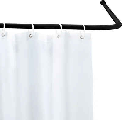 A white shower curtain hanging from a black corner shower rod.