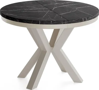 Produktbild von Runder Ausziehbarer Esstisch im Loft-Stil - Industrieller Tisch in Schwarzer Marmoroptik Grau-Beige Beinen - für Wohnzimmer - Marmor Schwarz - 100 bis 180 cm