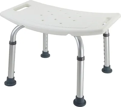 A white shower stool with adjustable silver legs and black rubber feet, shown from a front-side angle against a white background.