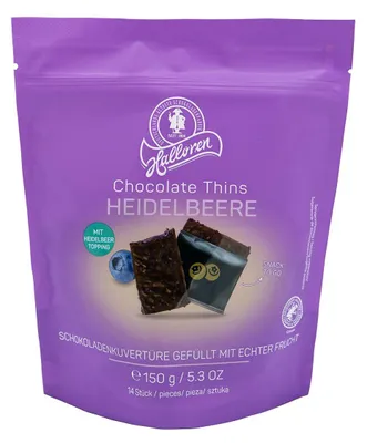 Zdjęcie produktu dla Delitzscher Czekoladki "Thins" o smaku jagodowym z polewą, cienkie płatki, 150g