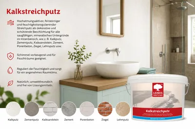 Produktbild von LEINOS Kalkstreichputz 10 l für Wände innen & Feuchtraum, feinkörnig, KI-generiertes Bild
