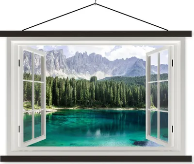 Produktbild von MuchoWow® Textilposter Aussicht - Bäume - Wasser 90x60 cm mit schwarzem Rahmen - Aufhängungssatz