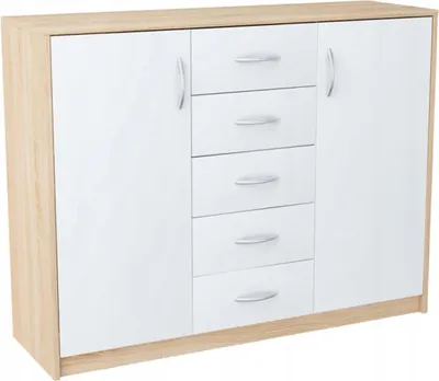 Produktbild von MATKAM Moderne Kommode 2D5S mit 2 Türen und 5 Schubladen - Robuste Aufbewahrungslösung für Schlafzimmer und Wohnbereiche (Sonoma Eiche-Weiß)