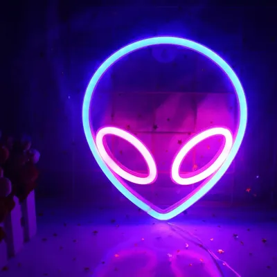 Image de Lampe NEON LED, lampe décorative USB à piles, Alien bleu rose, env. 22 x 19 cm
