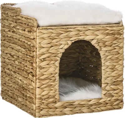 Image de PawHut Niche pour chat 2 niveaux avec 2 coussins en jacinthe d'eau - 37,5 x 37,5 x 41,5 cm marron crème