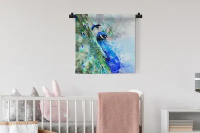 Produktbild von MuchoWow® Wandteppich Wandbehang Aquarell - Pfau - Blau 60x60 cm Tapisserie Dekoration Wandtuch - Dekorationen - Wand Decke
