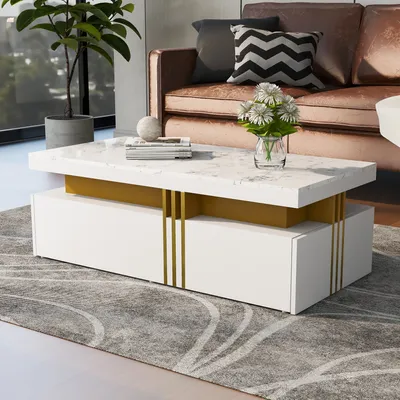 Produktbild von MODFU Couchtische Hochglanz Kaffeetisch Sofatisch mit 2 Holzschubladen,Wohnzimmertisch Beistelltisch mit marmorierte Tischplatte,Weiß