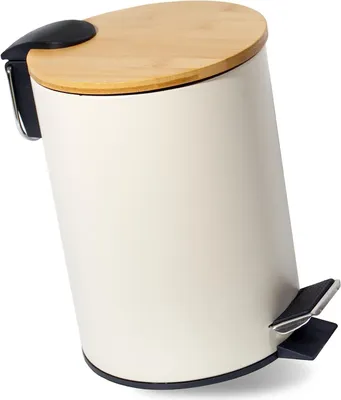 A beige pedal bin with a wooden lid and a black pedal, shown against a white background.