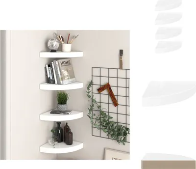Obrázek produktu pro vidaXL Rohové plovoucí police 4 ks. MDF 25x25x3,8 cm, bílý vysoký lesk - Nástěnné police