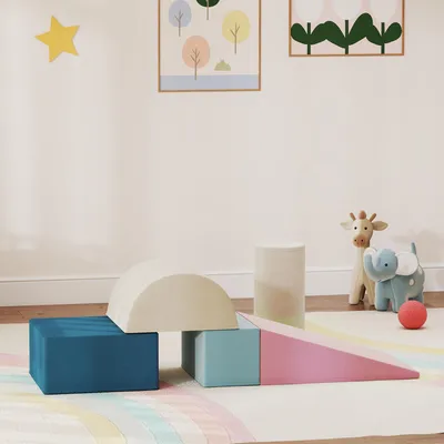Produktbild von SUGIFT Schaumstoff Bausteine 5er-Set Baby Kleinkind, Softblöcke Samt, Klettern Bauen Krabbeln, Rosa Grün Beige Blau | 61x41x60 cm | 4,1 kg | waschbar