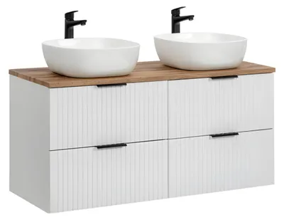 Immagine prodotto di Set bagno NOXERA 120 cm - Bianco opaco e quercia - 2 lavabi rotondi da appoggio