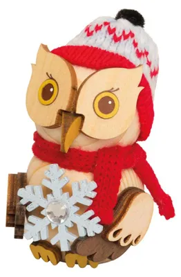 Produktbild von Drechslerei Kuhnert - Mini-Eulen aus Holz - mit Schneekristall - ca. 7 cm groß - als Dekoration oder Geschenk geeignet