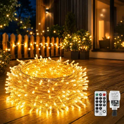 50 m Lichterkette, 300 warmweiße LEDs, Fernbedienung, Timer, IP44