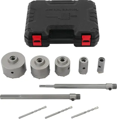 Produktbild von Lochsäge Set - 9-teiliges Bohrkronen Set für Ziegel und Beton - 30–100 mm Kohlenstoffstahl - Für Schlagbohrmaschine - Mit Verlängerungsstange - Silber