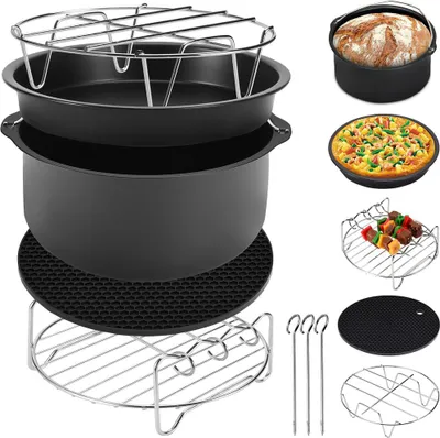 Immagine prodotto di monzana Set 8 Accessori per Friggitrici ad aria 3,6L cesto teglia foglio silicone griglia supporto acciaio Inox 3 spiedi