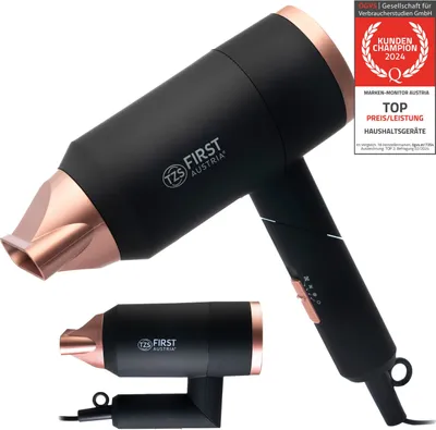 Produktbild von TZS First Austria Haartrockner, 1800 W, Reisefön, klappbar, schonendes Styling, Ionen-Funktion, gleichmäßige Wärmeverteilung, 2 Heizstufen, schwarz-rosé