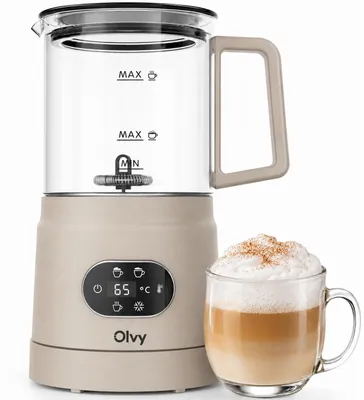 Obrázek produktu pro Elektrický pěnový mlékař Olvy ze skla, 4 v 1, 500 W, s ukazatelem teploty, kapacita 160 ml pěny z mléka, 400 ml ohřevu mléka, možnost přípravy teplé i studené pěny, barva béžová