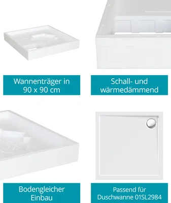 Produktbild von Calmwaters® Duschwannenträger 90x90 cm Modern Select, Passend für Quadrat-Duschwanne 90 x 90 x 2,5 cm, Styropor-Wannenträger, Schall- und wärmedämmend, Direkt verfliesbar, Weiß, 03AX3022
