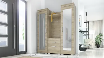 Produktbild von Garderobe LUX-XL, 2 Spiegel, Fächer, Kleiderhaken, Schublade, Schuhschrank - Sonoma Eiche