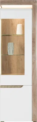 Produktbild von Furniture24 Vitrine Rechts Irma IM7 Wohnzimmerschrank Schrank Vitrinenschrank Highboard 2 Türen Led Beleuchtung Eiche/Weiß Hochglanz