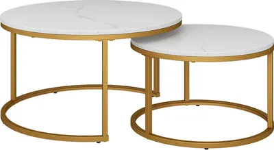 Two nesting round coffee tables with white marble-look tops and gold metal frames.