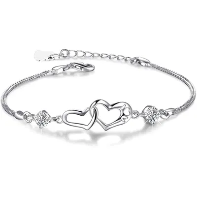 Produktbild von Silberfarbenes Armband mit Doppelherz Anhänger & Zirkonia Steinen, J0770