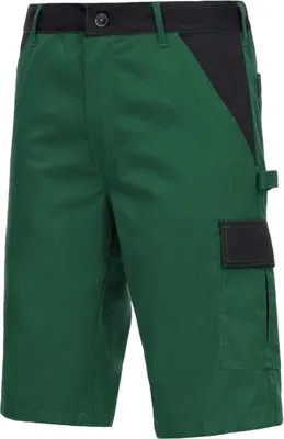 A pair of green and black work shorts.