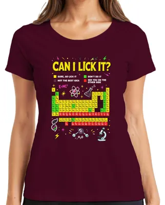 Immagine prodotto di Maglietta da donna, colore bordeaux, taglia S, con scritta "Can I Lick It Science Chemistry Periodic Table Statement" (che potrebbe essere interpretata come "Posso leccarla? Scienza, chimica, tavola periodica, affermazione")