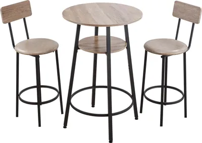 Image de SucceBuy Set de table de bar (3 pièces) avec 2 tabourets de bar & bords arrondis, table haute ronde (600 x 915 mm), table de bistro à manger en gris clair et noir, idéal pour le bureau, le minibar ou le coin petit-déjeuner