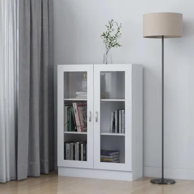 Image de Vitrine basse avec portes en verre, 3 niveaux, dimensions 82,5 x 30,5 x 115 cm, couleur blanche